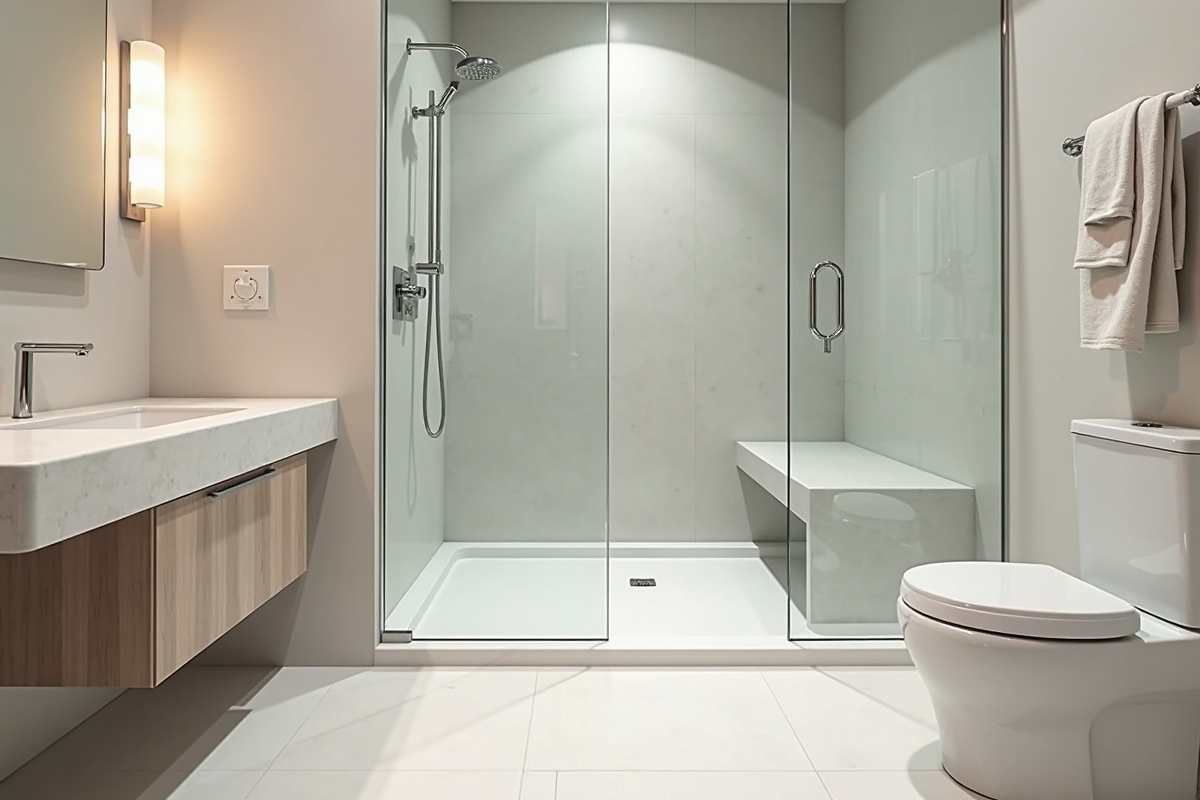 Curbless shower with continuous tile floor and frameless glass wall panel showing zero-threshold entry for aging-in-place accessibility in a DFW home
