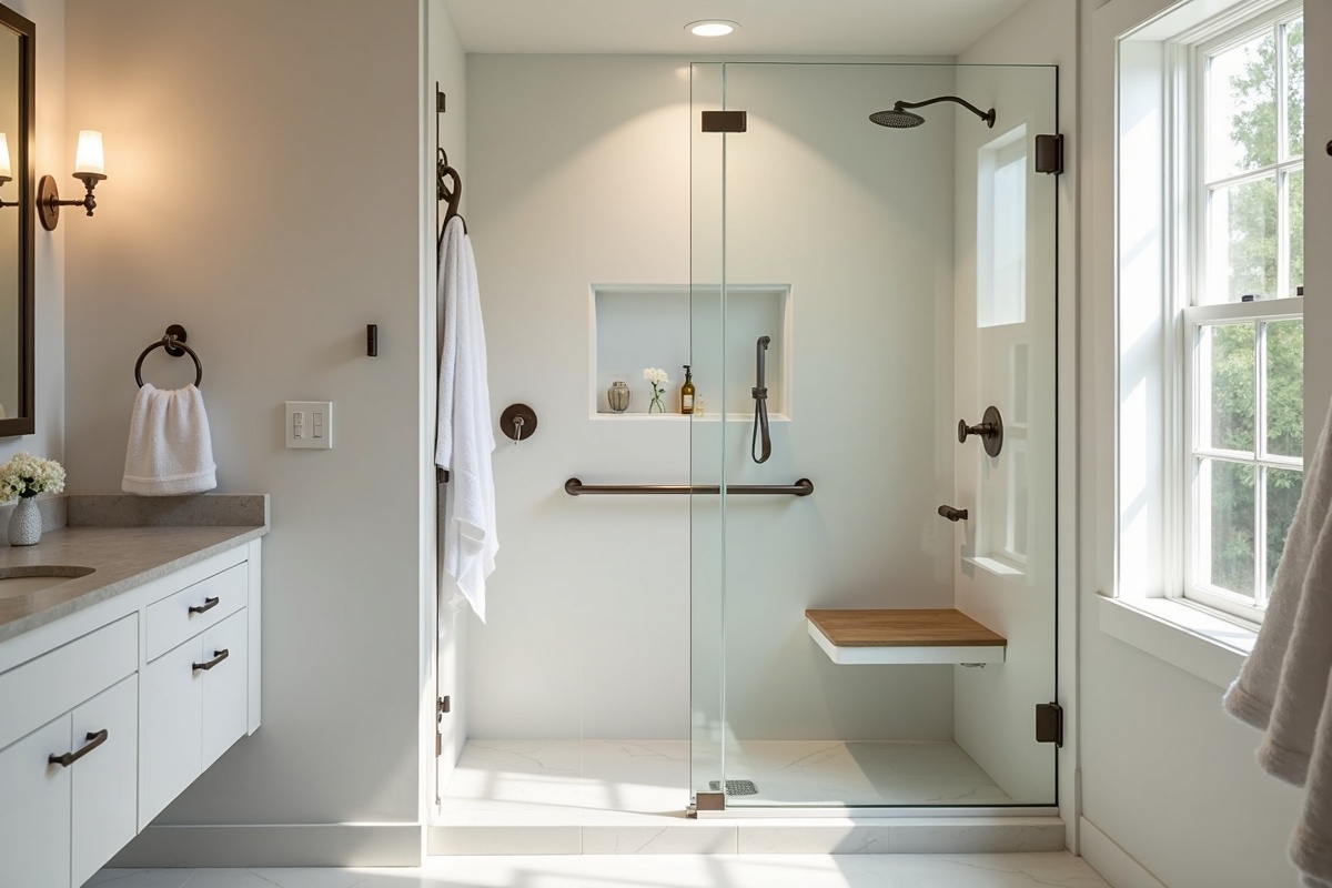 Accessible shower with integrated bench, grab bar, and frameless glass enclosure in a modern DFW bathroom demonstrating aging-in-place design that looks luxurious