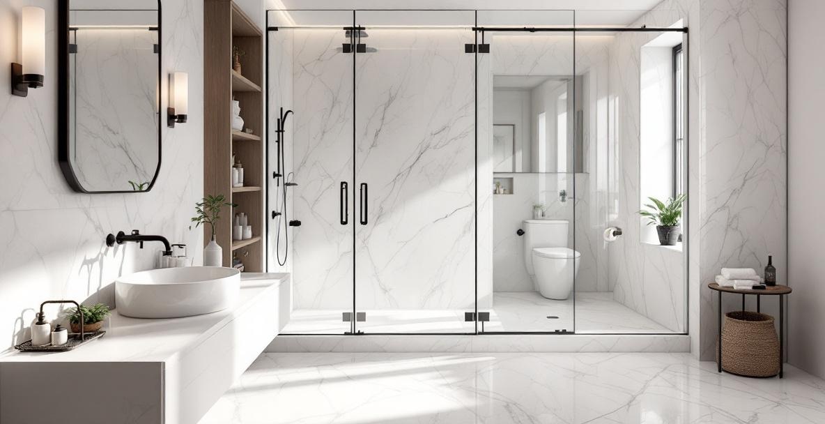 Spacious curbless walk-in shower with frameless glass enclosure and grab bar showing aging-in-place accessibility design in a modern DFW bathroom