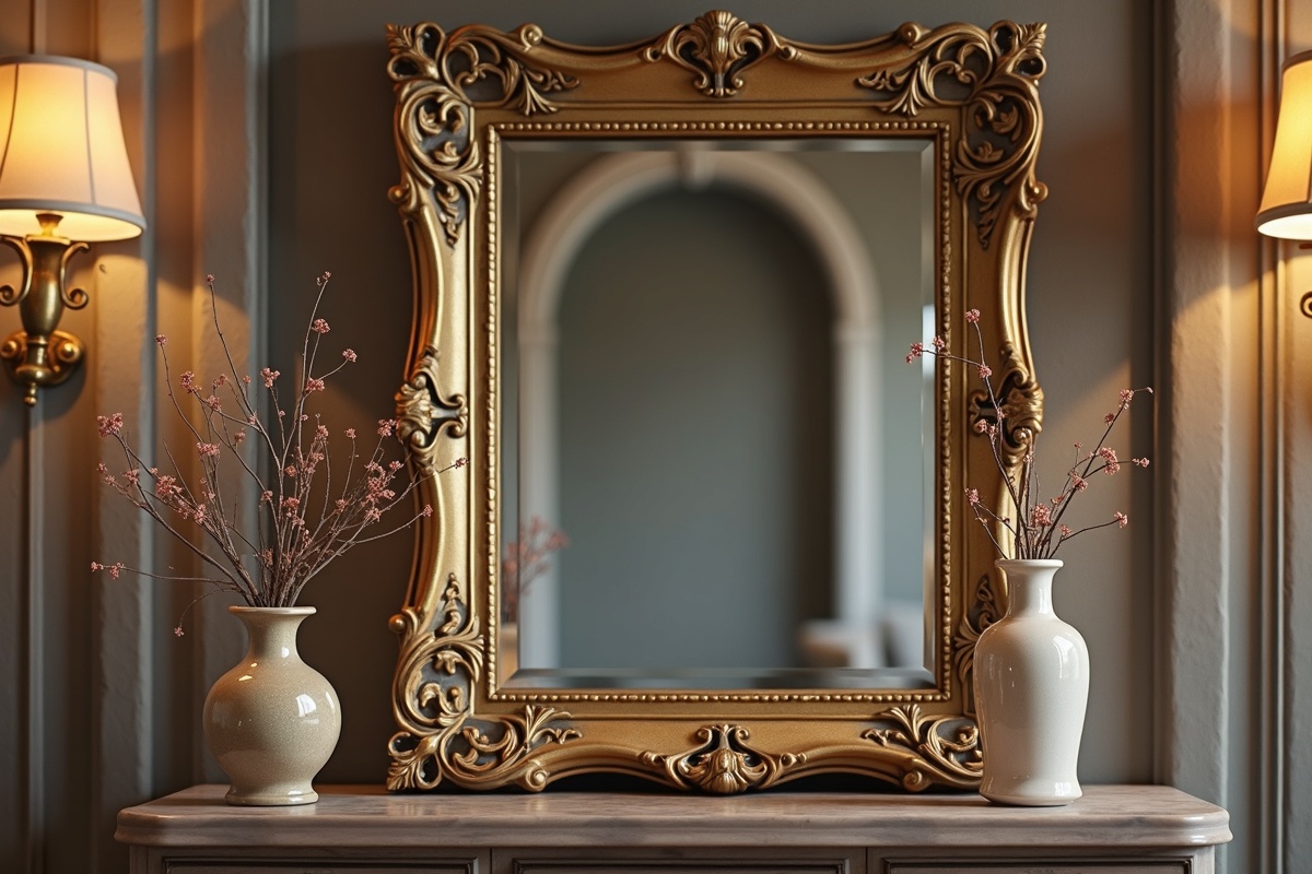 Ornate antique mirror with gold frame showing distressed silvering patina and warm reflection used as a decorative accent in a Dallas living room