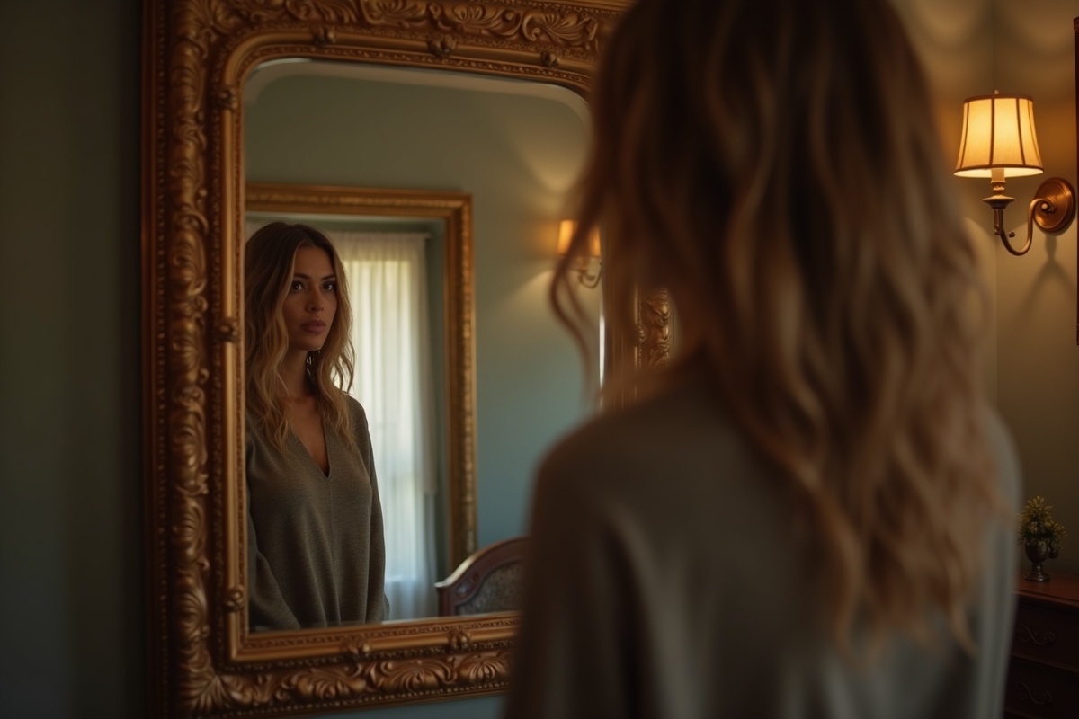 Woman standing in front of a large vintage mirror in a Dallas home showing soft aged reflection and warm ambient lighting