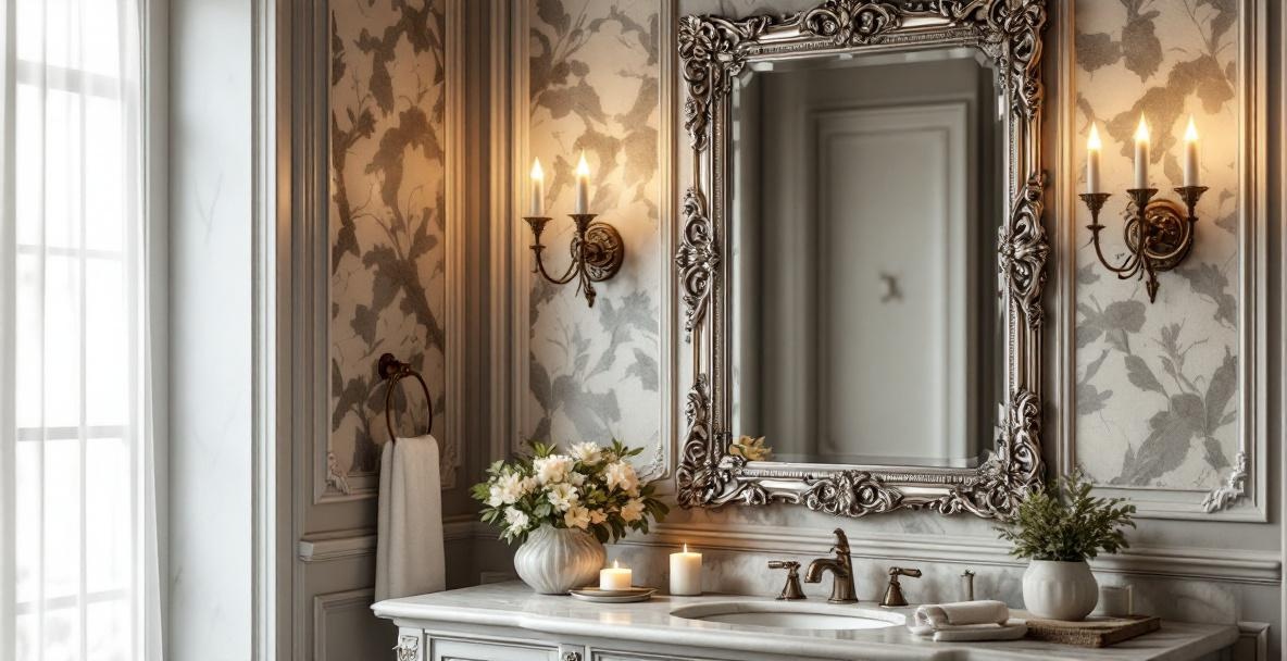 Antique mirror with ornate gold frame showing characteristic silvering distress and soft aged reflection installed in a Dallas entryway
