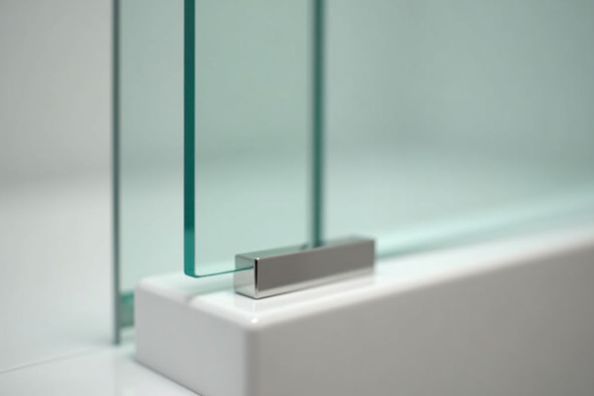 Thick 3/8-inch frameless shower glass panel showing the clear tempered safety glass edge with polished finish used in professional DFW shower installations