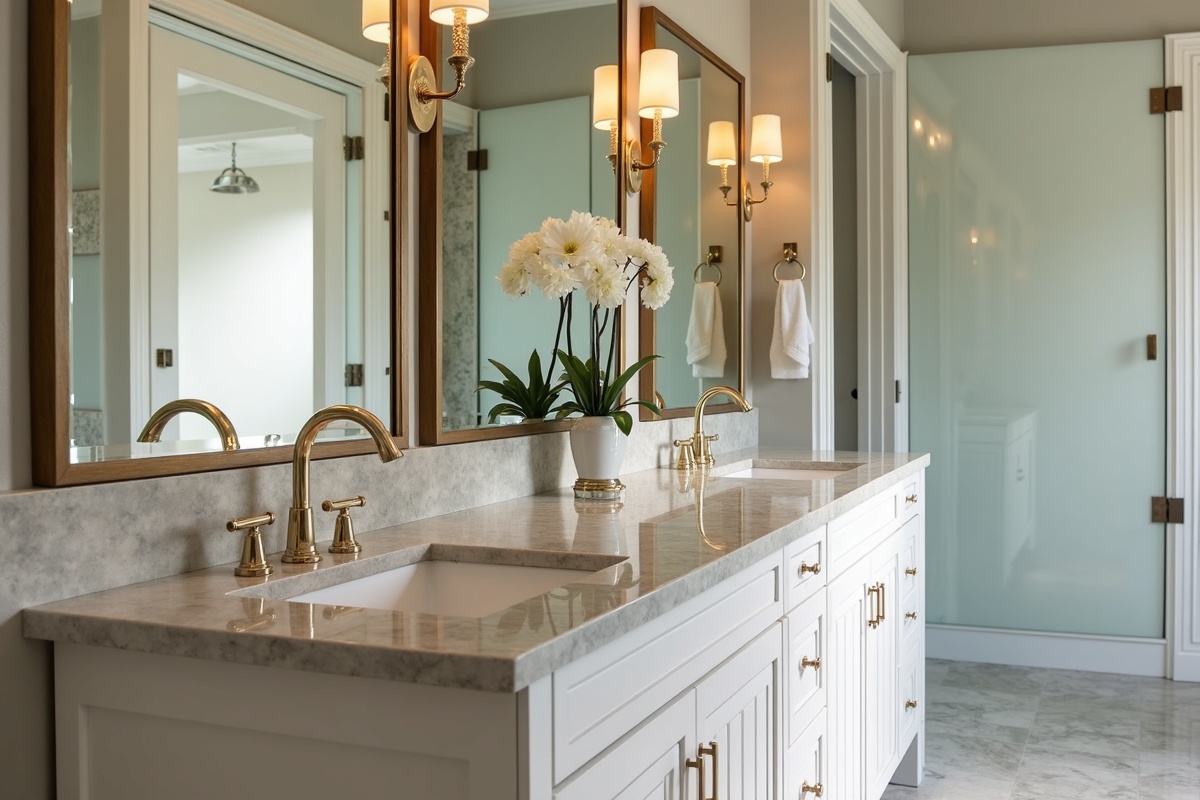 Elegant bathroom vanity vignette with glossy reflective surface showing how back-painted glass panels create depth and visual sophistication in modern DFW master bathrooms