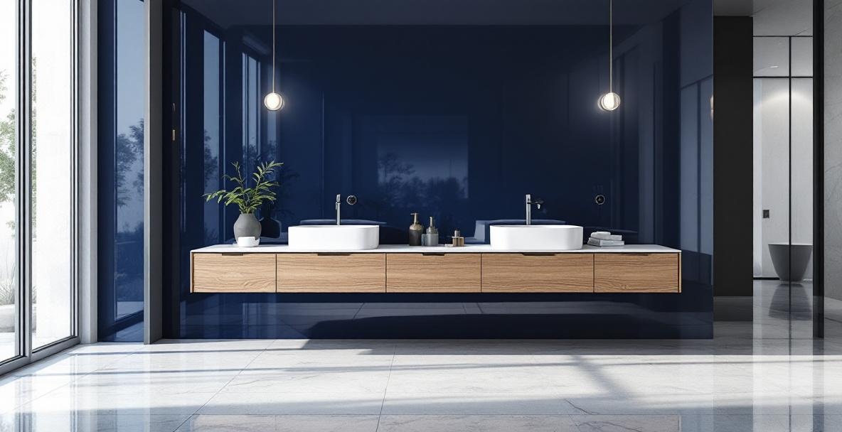 Bold colorful back-painted glass panel in a modern bathroom showing the seamless grout-free surface that has become popular in DFW master bath renovations