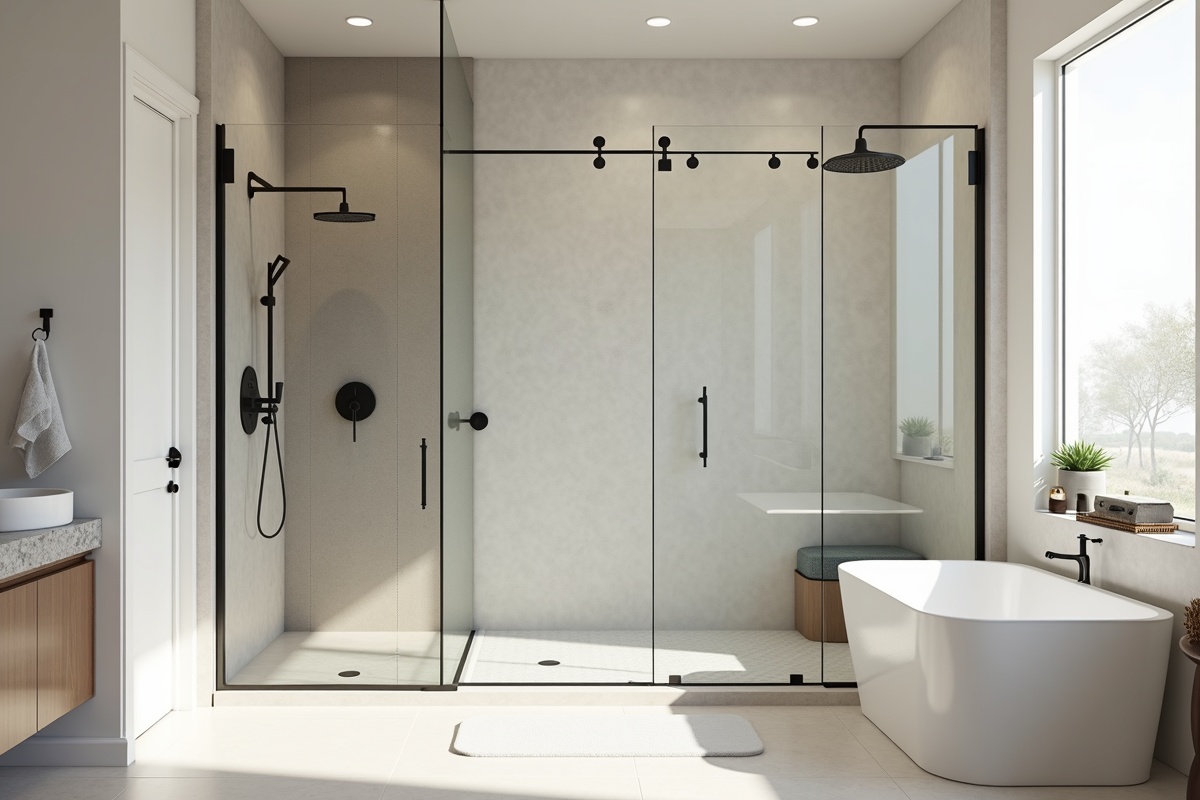 Spacious walk-in shower in a DFW primary bathroom with frameless glass enclosure, large-format stone tile, and curbless floor entry — a 2026 bathroom design trend