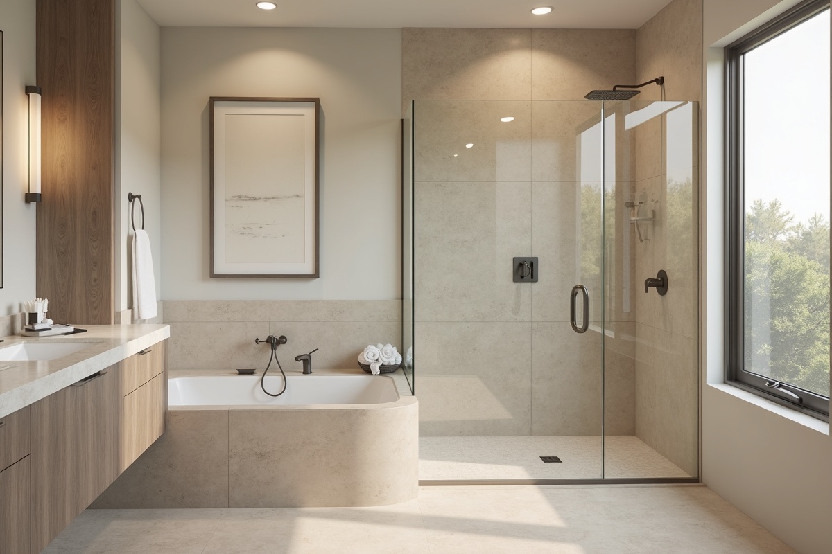 Modern DFW primary bathroom with frameless shower glass enclosure, warm neutral tile palette, and brushed hardware demonstrating 2026 bathroom design trends in North Texas