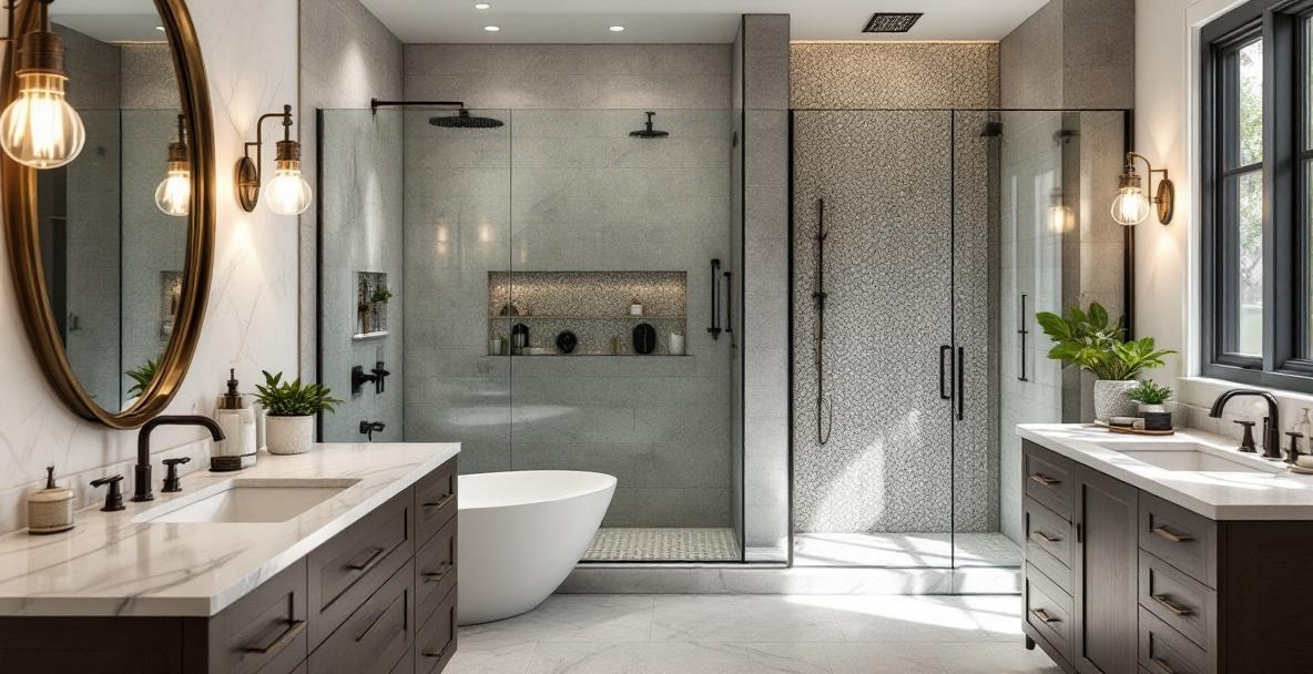 Modern DFW bathroom with spa-inspired design featuring clean white tile, frameless glass shower enclosure, and warm neutral finishes reflecting 2026 bathroom design trends