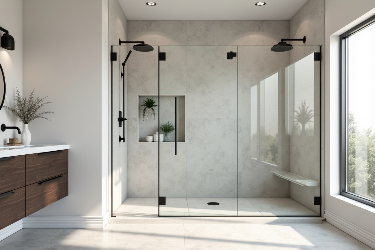 Modern DFW bathroom shower remodel with large format stone-look porcelain tile and frameless glass enclosure with matte black hardware in 2026 design