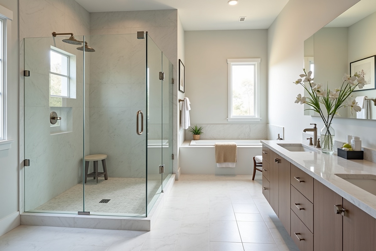 Luxury master bathroom shower remodel in DFW home with frameless glass walk-in enclosure and curbless design showing 2026 design trends