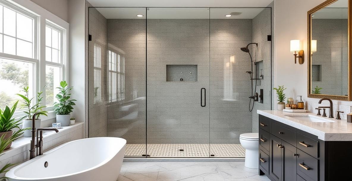 Modern bathroom shower remodel in a DFW home featuring frameless glass enclosure with large format tile and matte black hardware for 2026