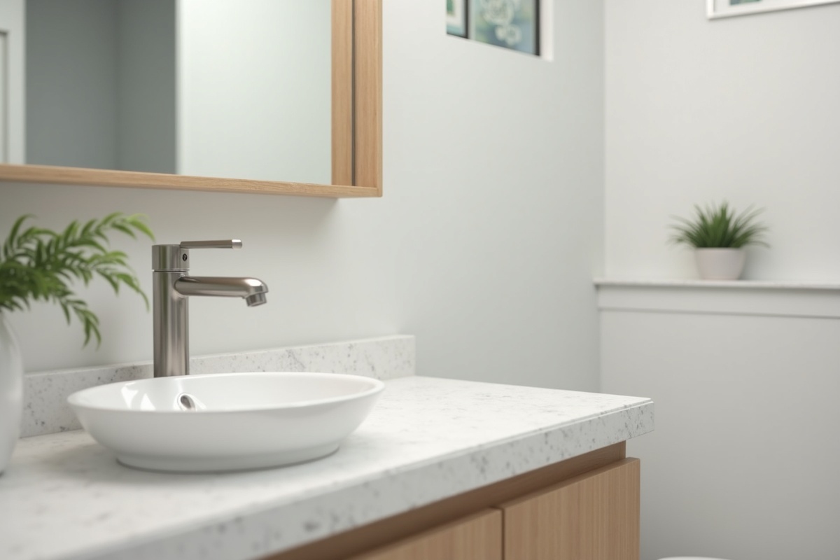 Clean Texas bathroom renovation showing a new vanity with stainless steel faucet and white ceramic sink ready for final fixture and glass installation