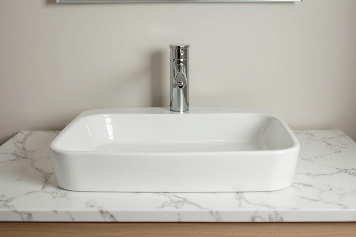 Texas bathroom renovation showing a clean white ceramic sink and faucet installed in a newly completed vanity ready for mirror and glass fixture installation