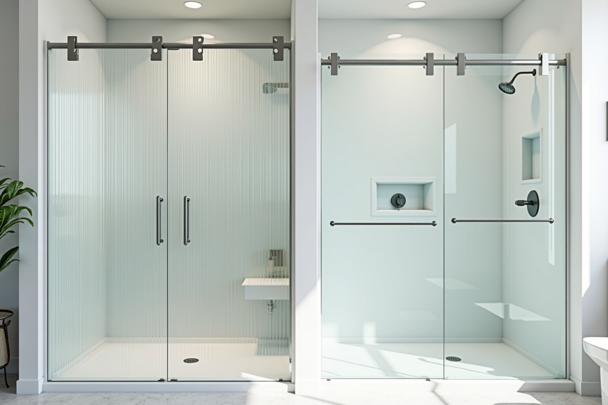 Bathroom renovation showing reeded fluted glass shower panel on the left and clear low-iron frameless door on the right demonstrating texture and clarity options
