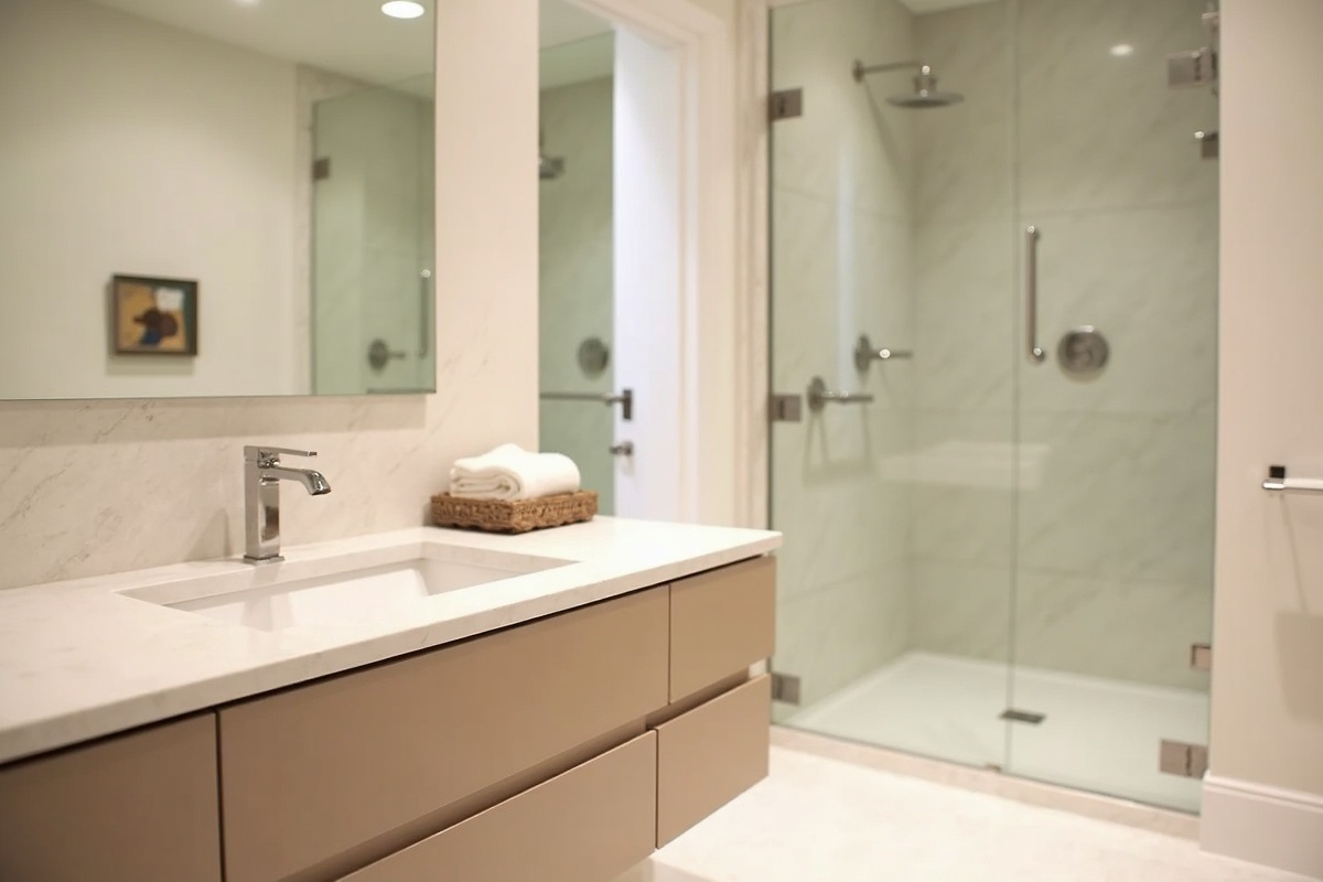 Bathroom renovation featuring back-painted glass vanity panel in a neutral warm tone with custom frameless mirror above and matching shower enclosure in background