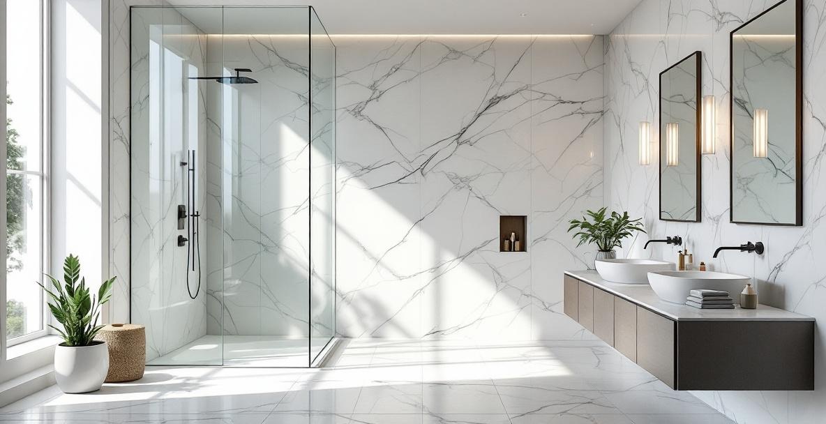 Luxury bathroom renovation featuring low-iron clear glass shower enclosure custom vanity mirror and fluted glass accent panels in a cohesive modern design