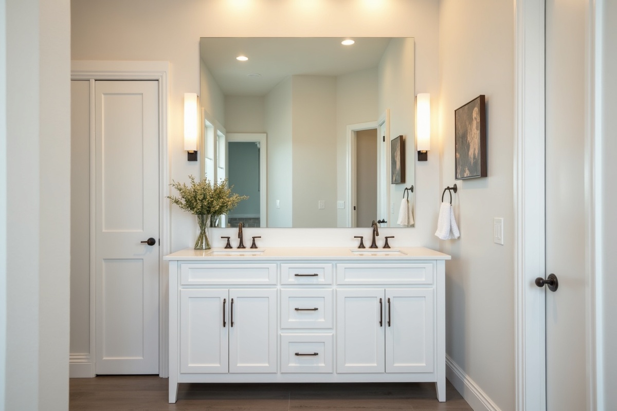 Freshly installed custom bathroom mirror in a DFW home positioned precisely over a double vanity cabinet with proper proportions