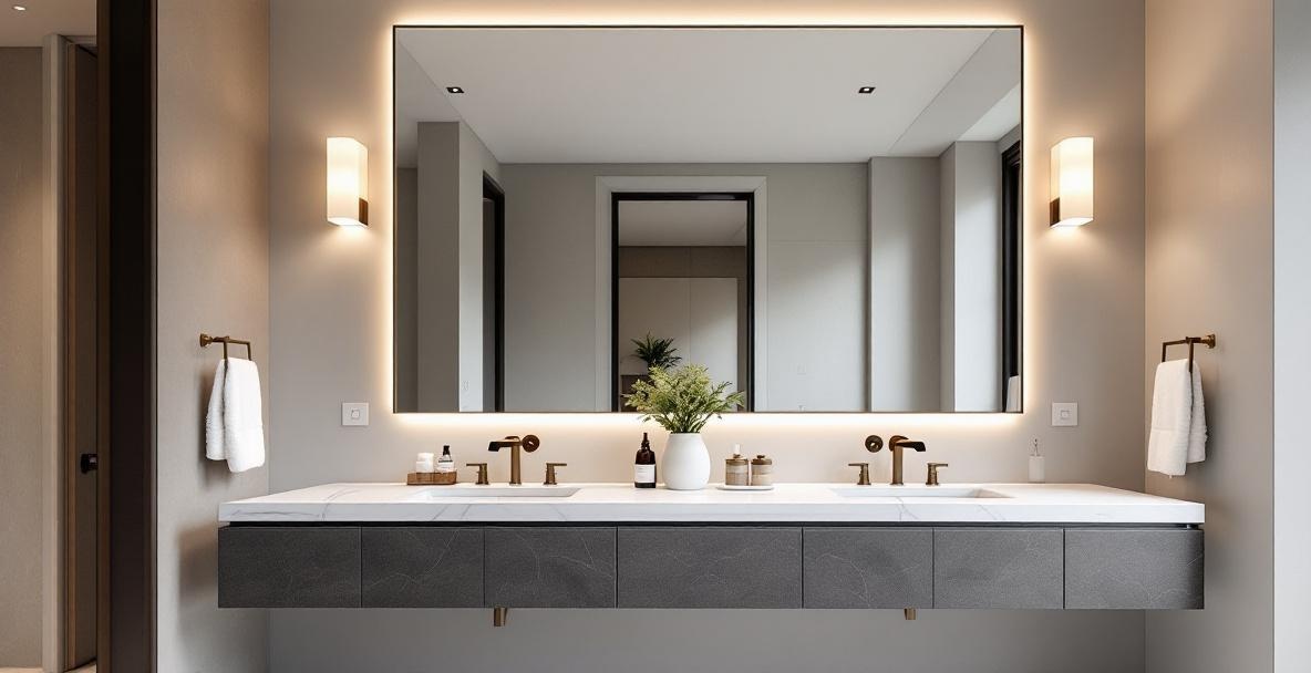 Custom bathroom vanity mirror sized precisely to match the width of a double-sink vanity cabinet with beveled edges in a DFW bathroom