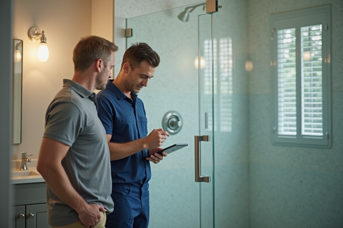 Professional glass technician reviewing shower enclosure installation quality with customer in a Texas bathroom