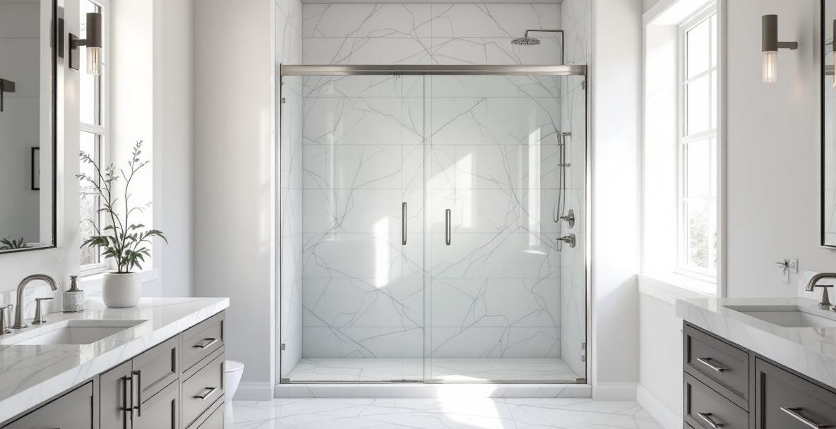 Premium quality frameless glass shower door with brushed nickel hardware in a high-end Texas bathroom showing craftsmanship