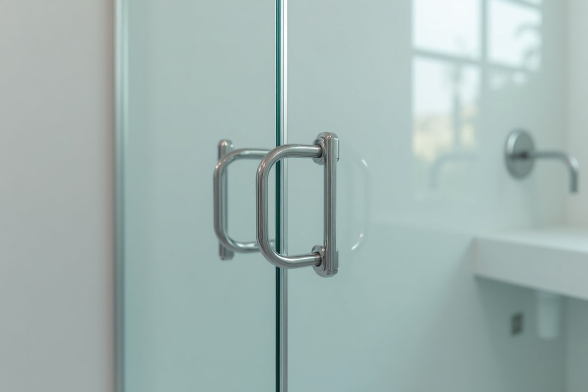 Close-up view of a clean frameless glass shower door with polished metal hinges showing quality hardware