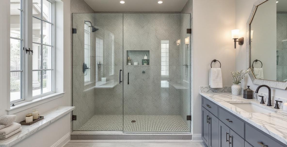 Modern glass shower enclosure with clean hardware in a bright bathroom showing quality craftsmanship