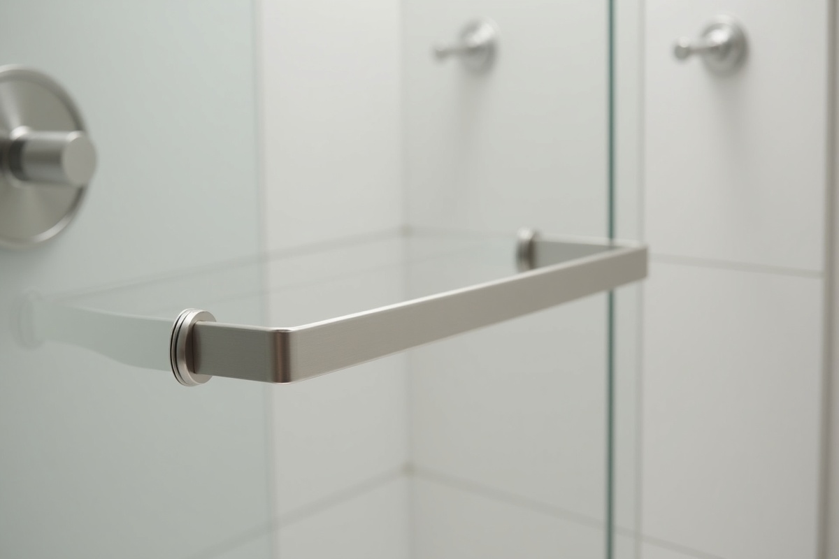 Frameless shower door with 24-inch brushed nickel towel bar handle that doubles as both a door pull and towel holder