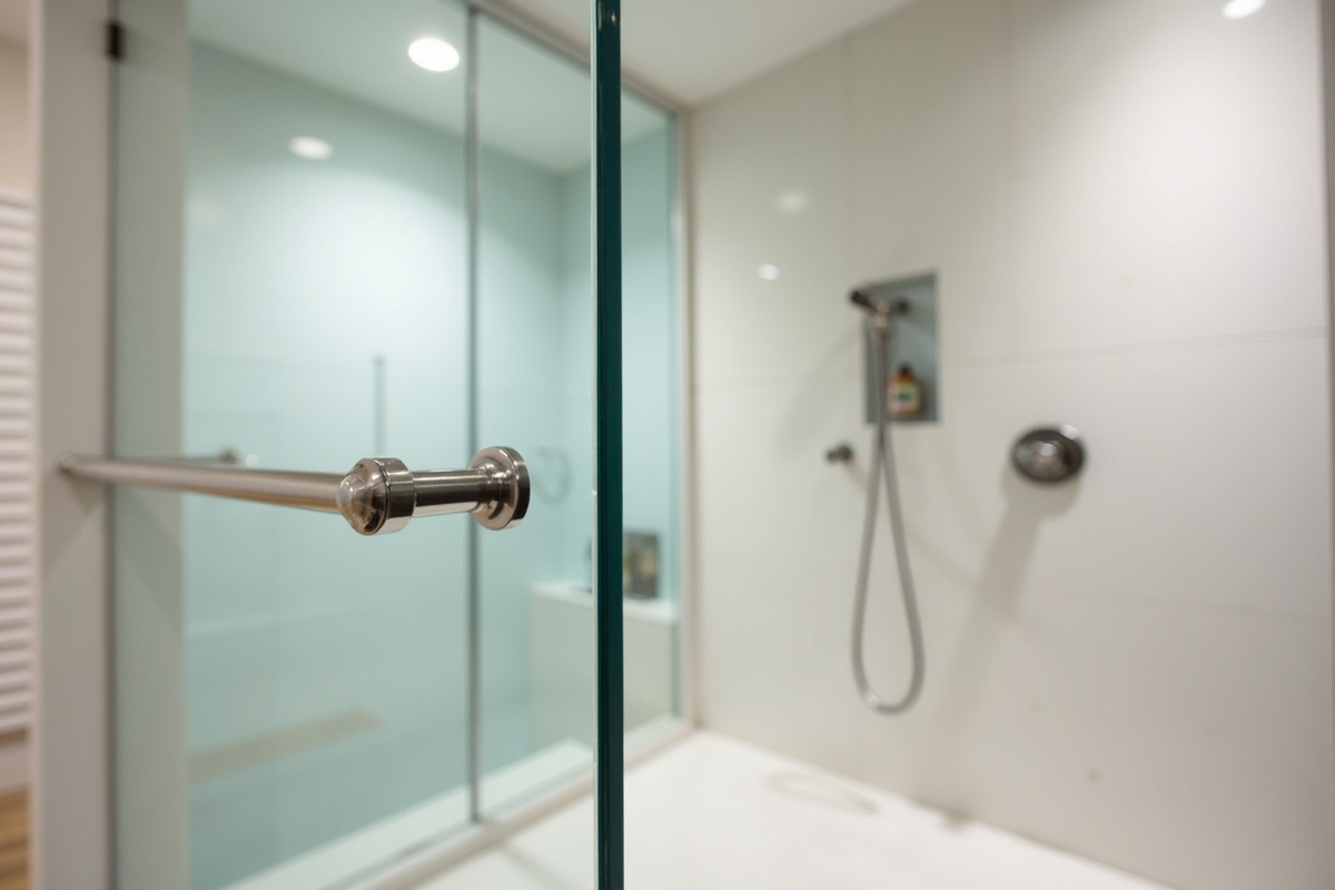 Comparison of C-pull, round bar, and towel bar handle styles on frameless shower doors of different widths in a DFW showroom