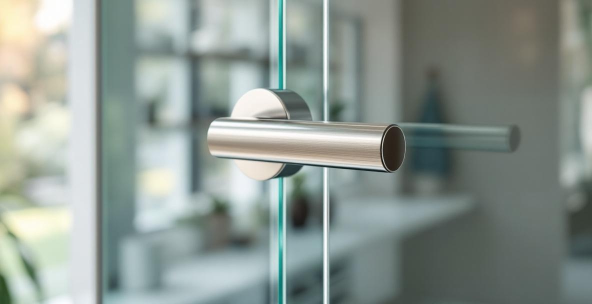 Selection of frameless shower door handle styles including D-pull, towel bar, and round bar options displayed on glass panels