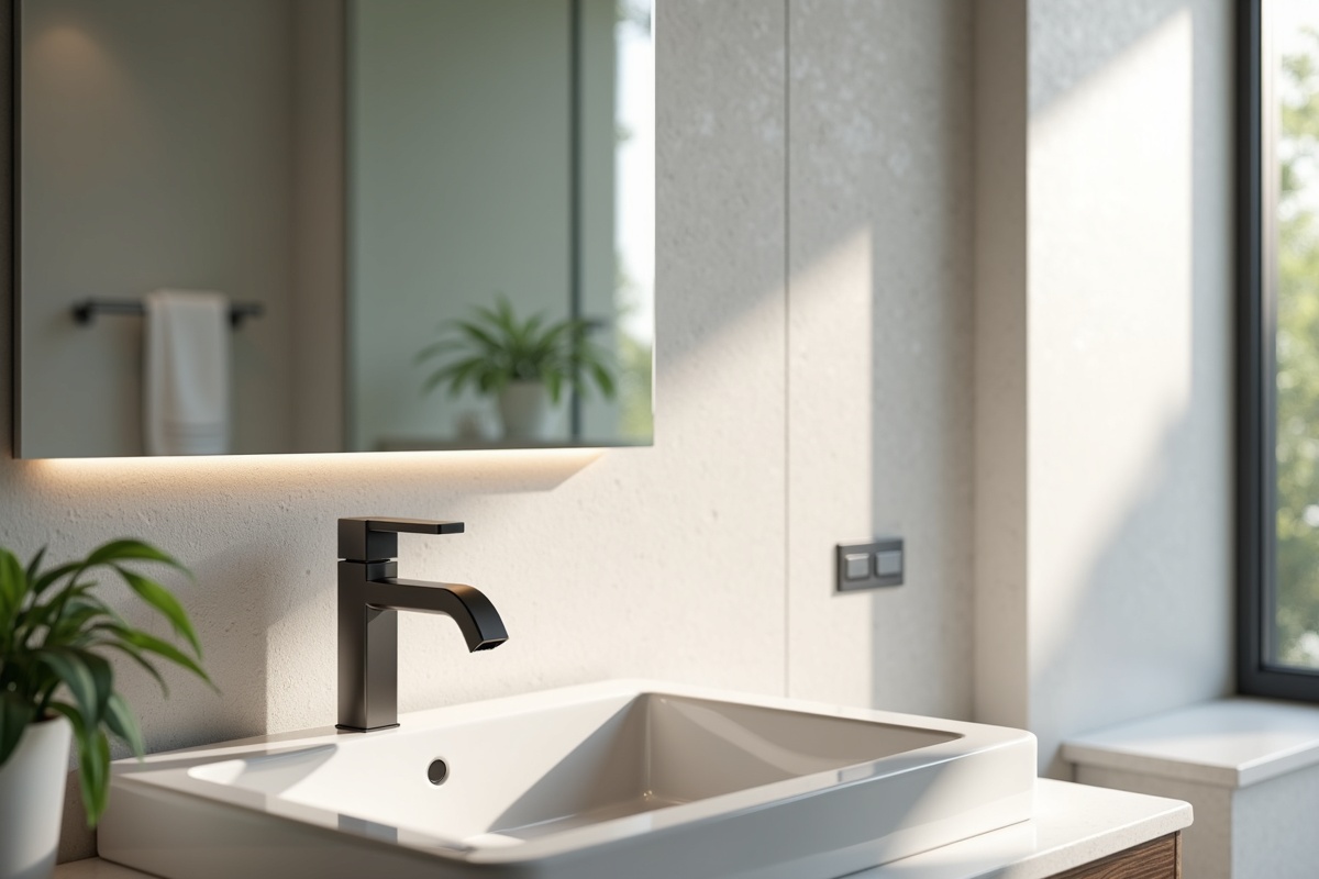 Contemporary bathroom with custom beveled edge mirror showing narrow 1/2-inch bevel on a frameless panel above a modern vanity