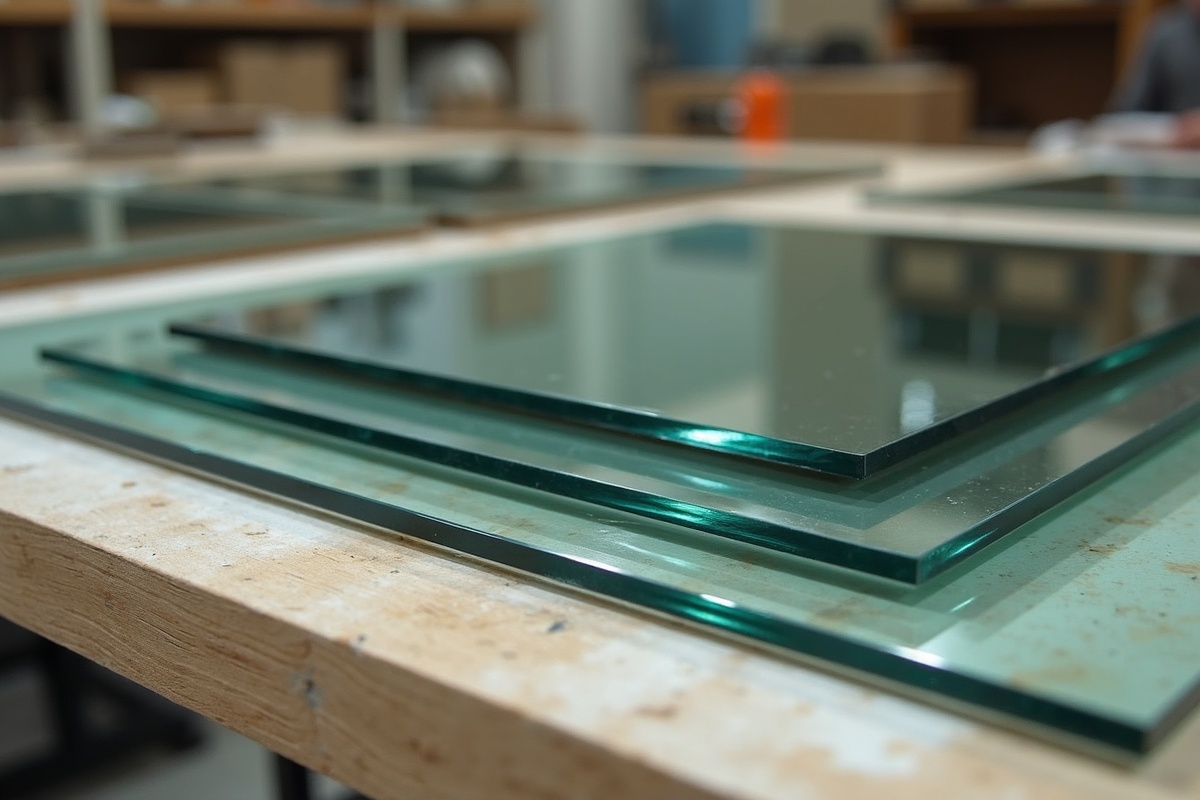 Custom beveled edge mirrors in various widths laid out at a DFW glass shop showing 1/4, 1/2, 3/4, and 1-inch bevel options
