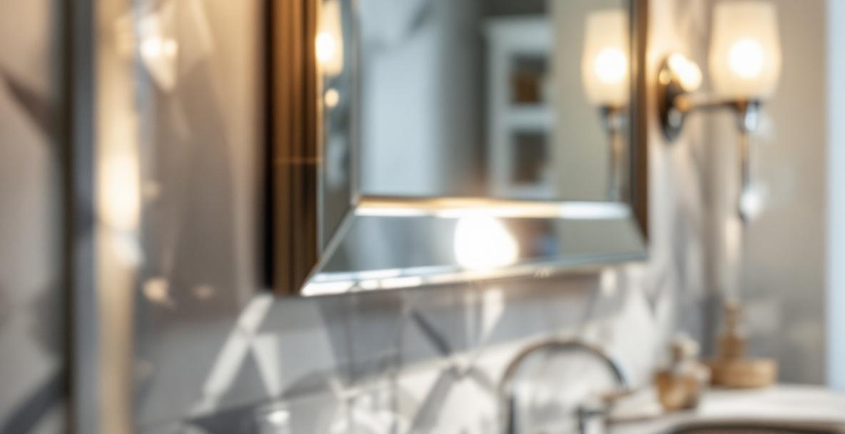 Custom beveled edge mirror with wide bevel profile showing elegant light refraction at the angled perimeter
