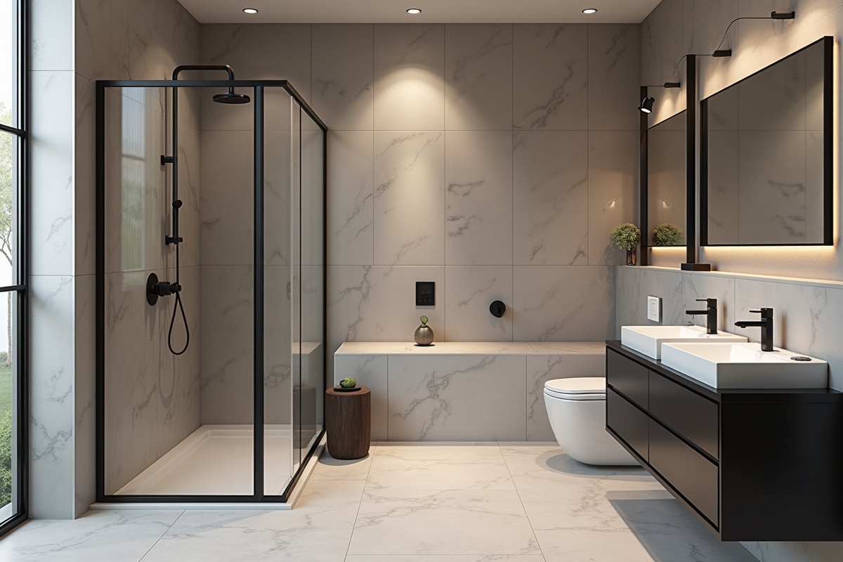 Modern DFW bathroom interior with contemporary design showing how black frame enclosure style coordinates with contemporary tile palette and hardware specification in 2026