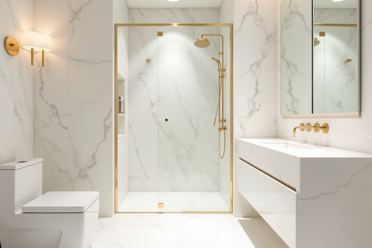 Luxurious master bathroom with white marble tile and brushed gold shower door hardware showing the warm coordination between materials