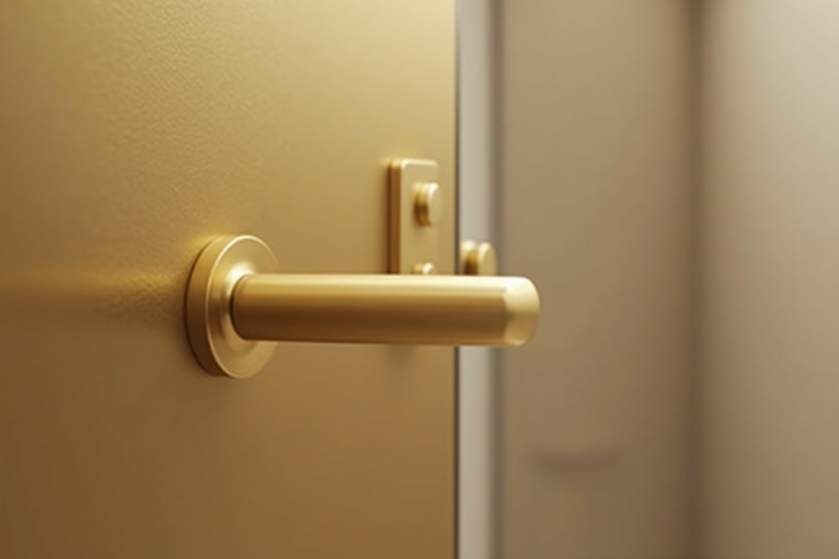 Brushed gold shower door handle and hinge detail showing matte gold finish texture and solid brass construction quality