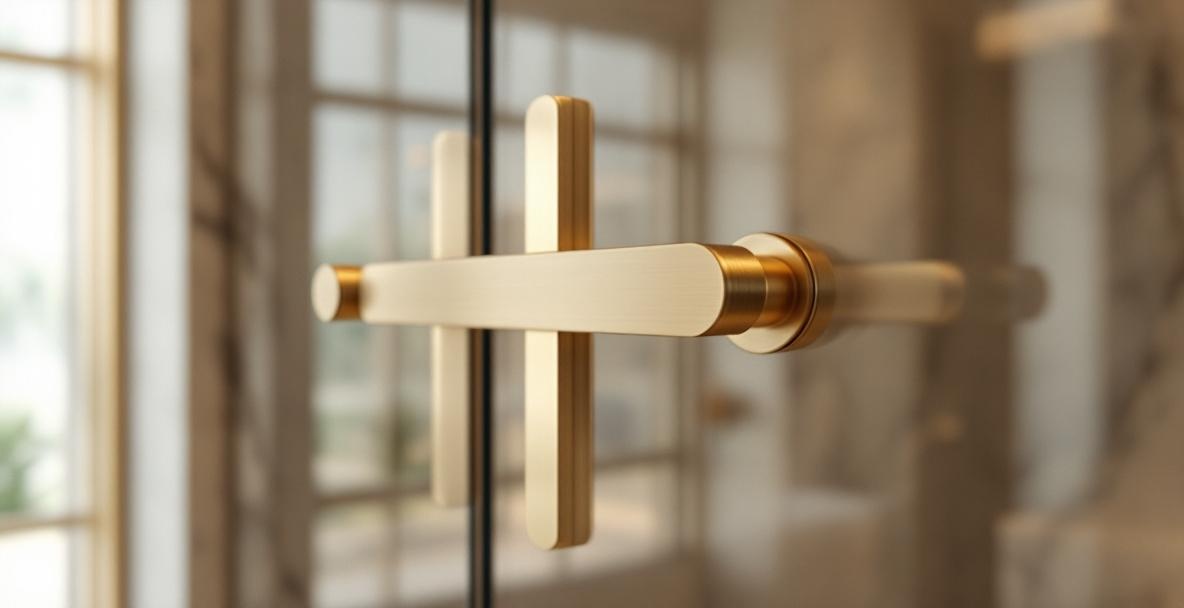 Elegant frameless glass shower door with brushed gold handle and matching hinge hardware in a luxury bathroom