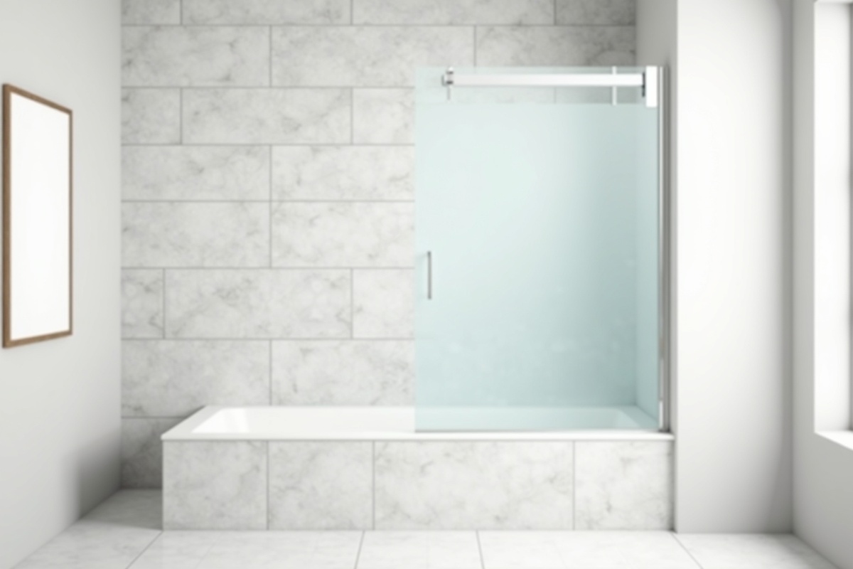 Bathroom interior showing a glass sliding shower door on a bathtub with clean white subway tile surround