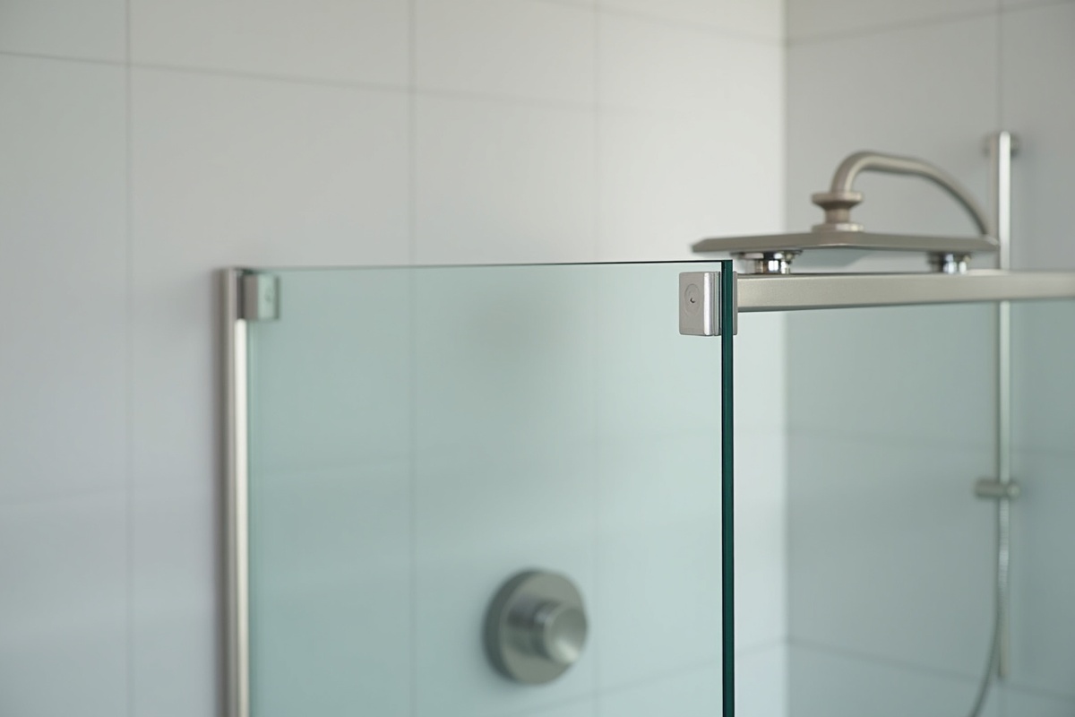 Detailed view of a modern glass shower enclosure with brushed metal hardware and track system