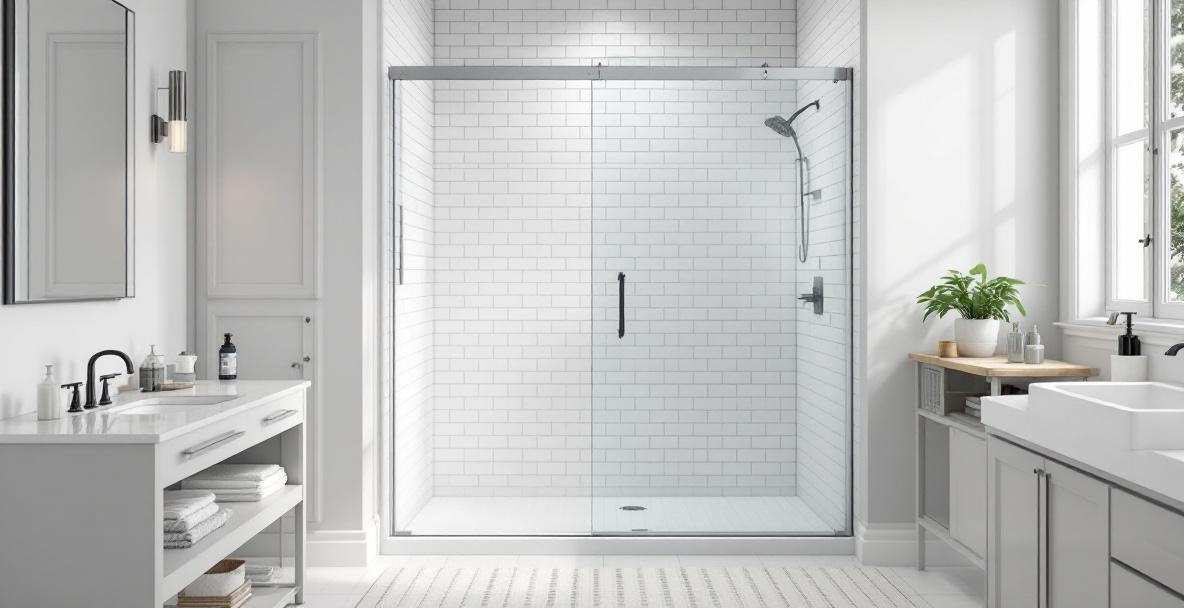 Modern bathroom with a sliding glass shower door on a tub-shower combination in a clean white interior
