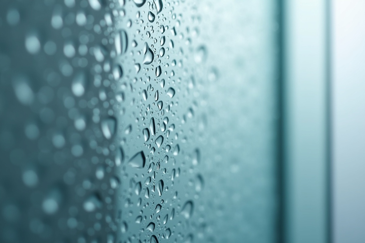 Close-up of water droplets beading tightly on a glass window surface showing the visual effect a hydrophobic coating creates on frameless shower glass.