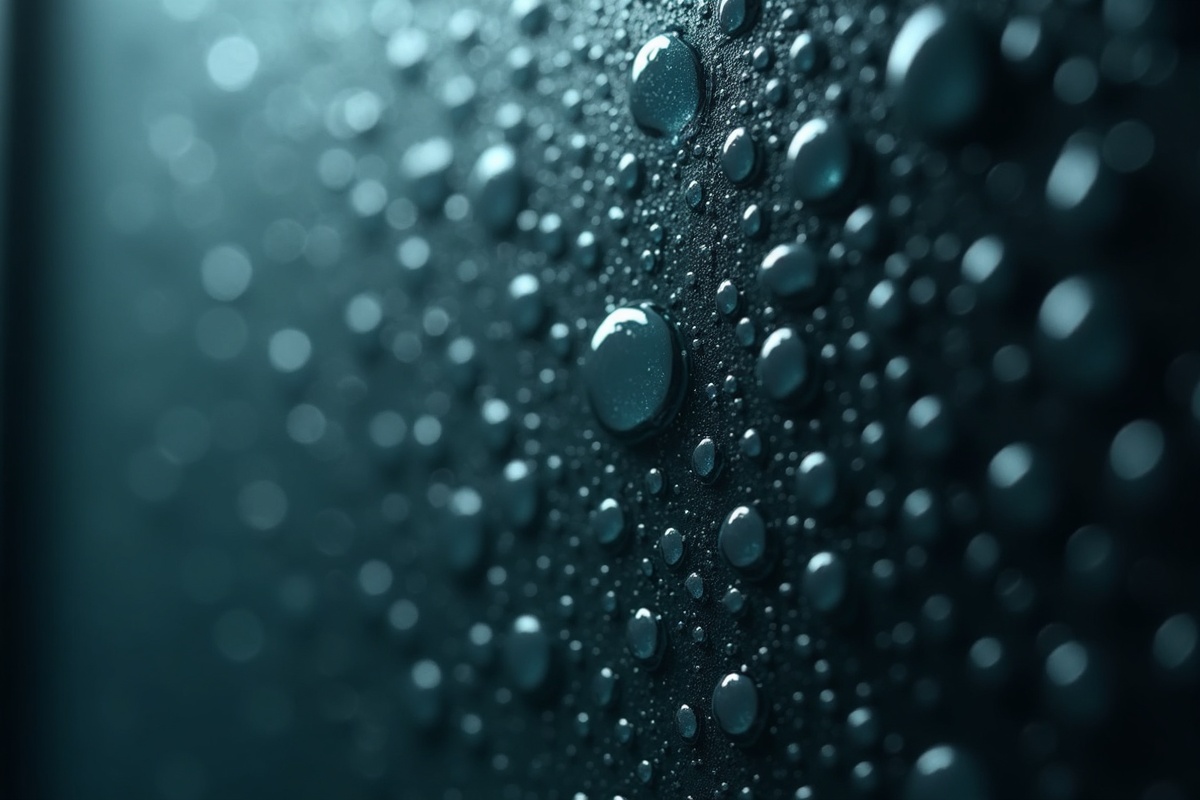 Water droplets beading on a dark glass surface demonstrating the repellent properties of a properly applied hydrophobic coating on bathroom glass.