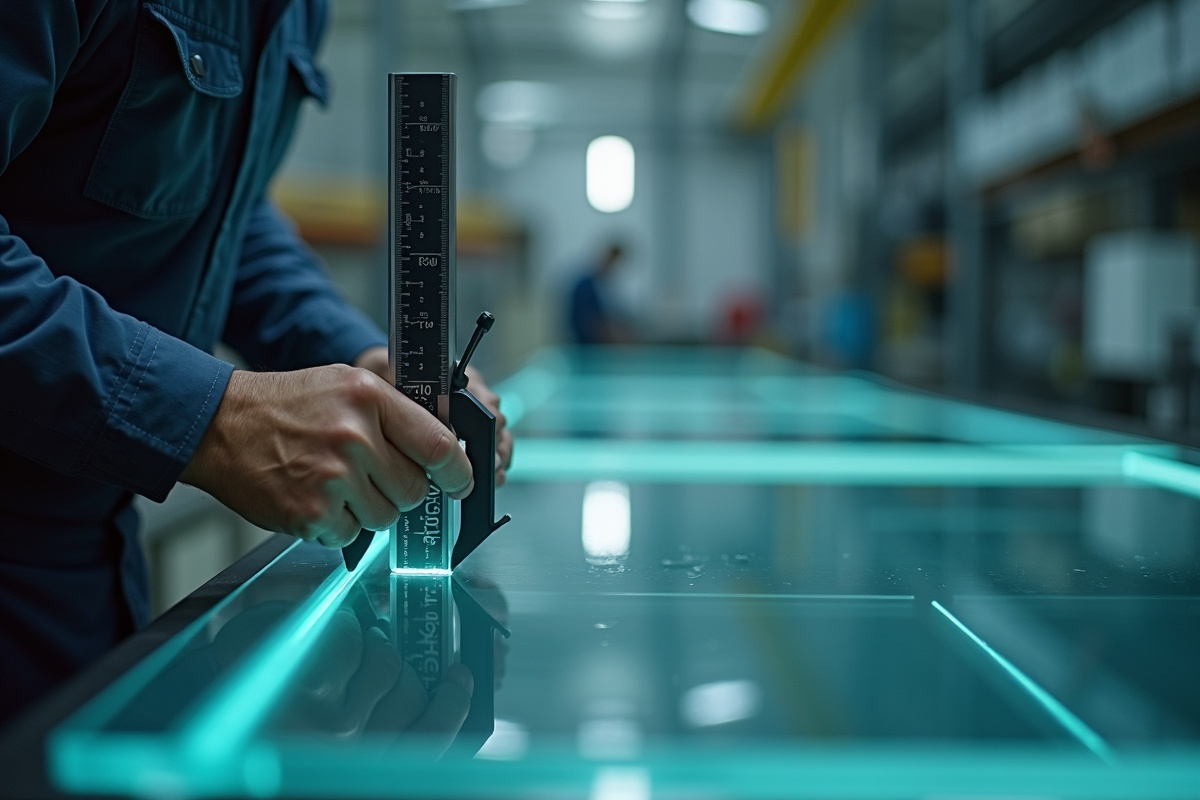 Glass fabrication worker using precision measuring tools to verify dimensions of a glass panel before it enters the tempering oven at a custom glass shop