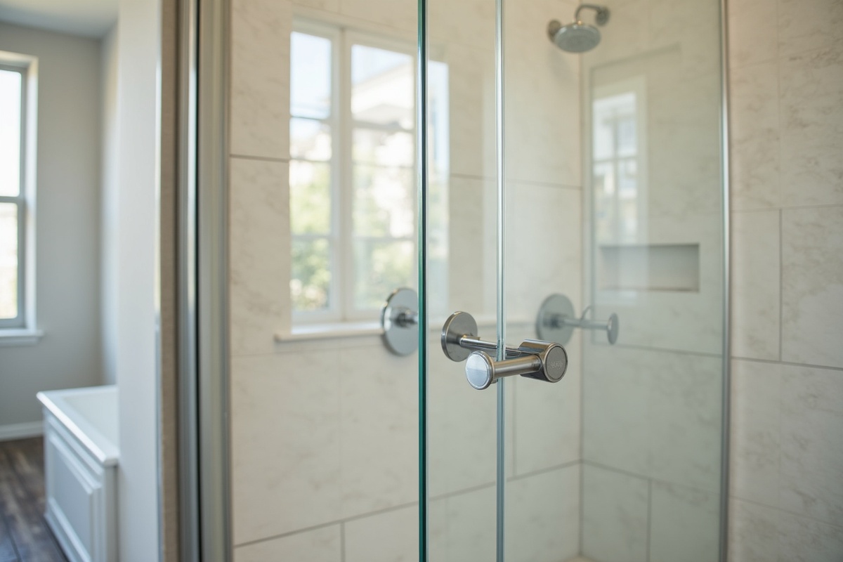 Custom frameless shower door panel being carefully installed in a DFW bathroom showing precise fit against tile walls with no gaps or misalignment
