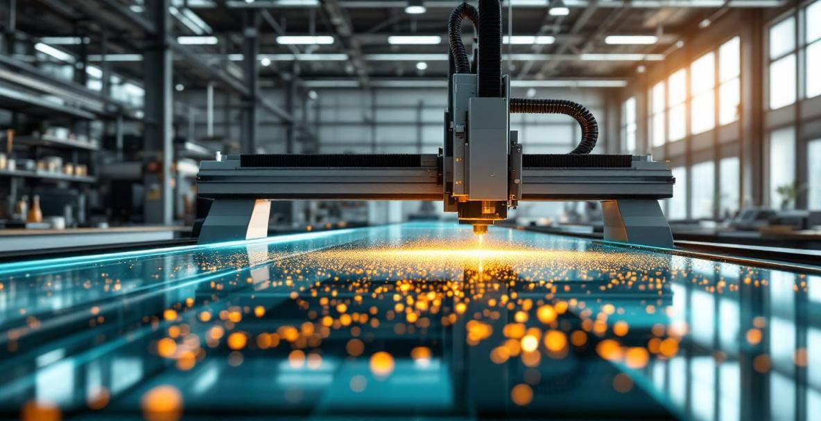 Glass fabricator scoring and cutting an untempered glass panel on a cutting table before the tempering process in a DFW glass fabrication facility