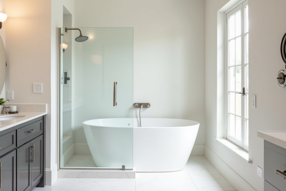 Modern bathtub in bright bathroom showing standard alcove configuration that is ideal for frameless glass door installation in DFW homes