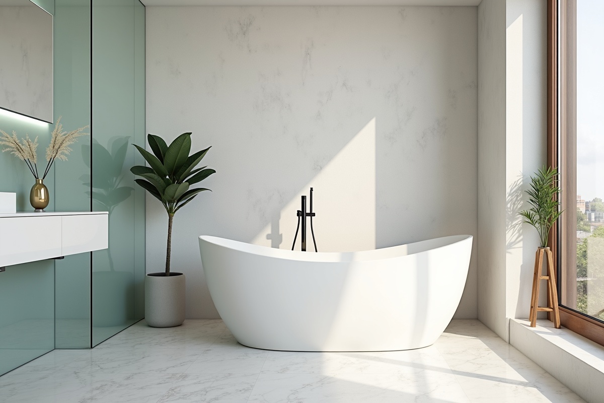 Contemporary bathroom with freestanding bathtub and modern glass elements showing the type of bathroom renovation where professional measurement ensures perfect fit