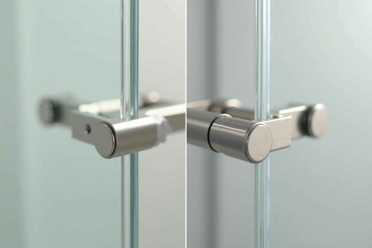 Side-by-side comparison of chrome and brushed nickel shower door hinges showing the visual texture difference and light reflection