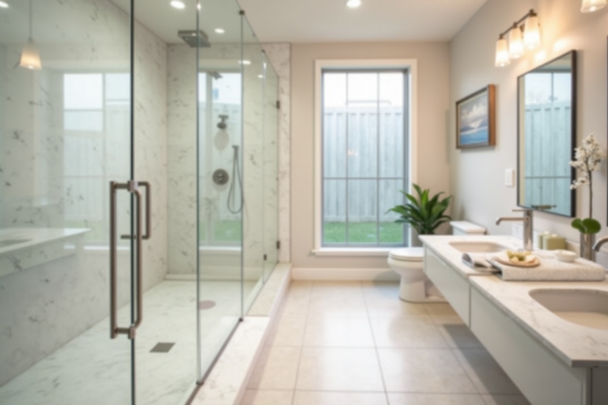 Bathroom with coordinated brushed nickel shower door hardware and matching faucet fixtures showing cohesive design in a DFW home