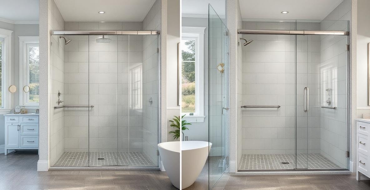 Bathroom showing chrome shower door hardware on the left and brushed nickel hardware on the right for a direct comparison