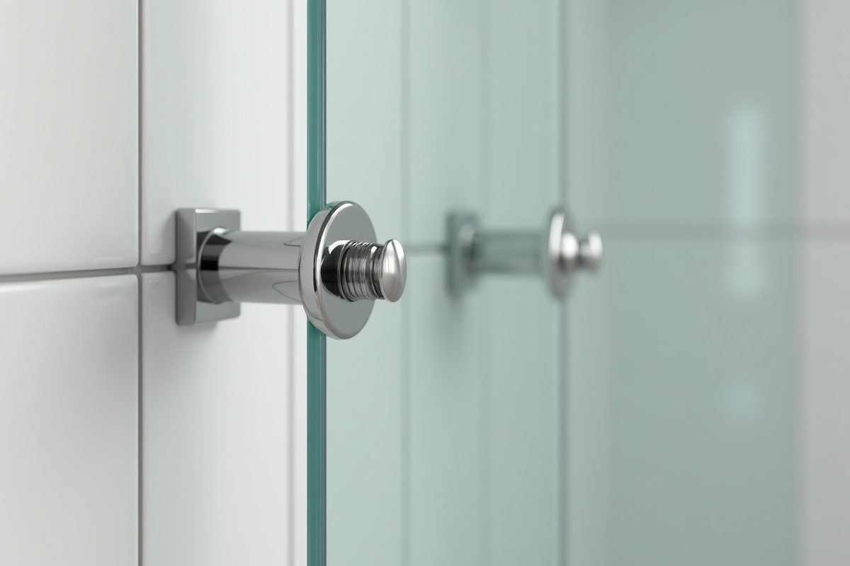 Frameless shower glass fixed panel secured with polished chrome wall clamps showing the minimal point-hardware aesthetic and the silicone seal along the tile junction